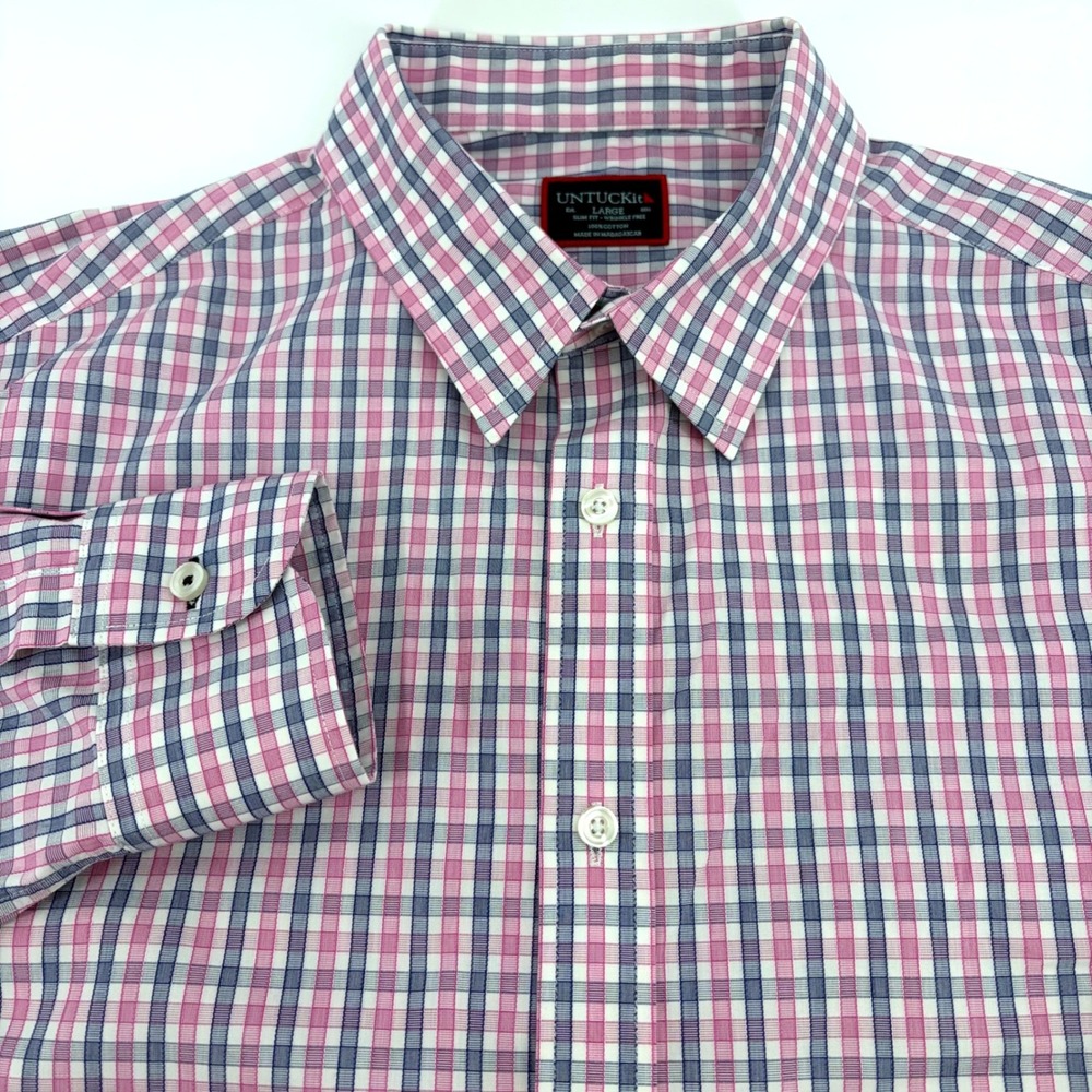 UNTUCKit Dolceto WF Slim Fit Shirt Mens Large Pink Navy Check Wrinkle Free